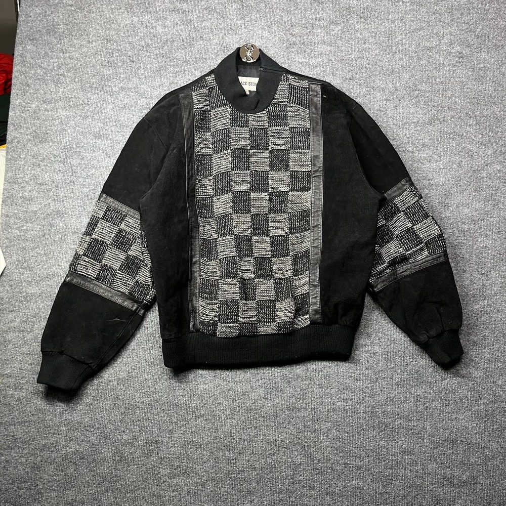 Black Stone Pullover Bomber Jacket Checkered Suede Knit Shoulder Zip Korean Made